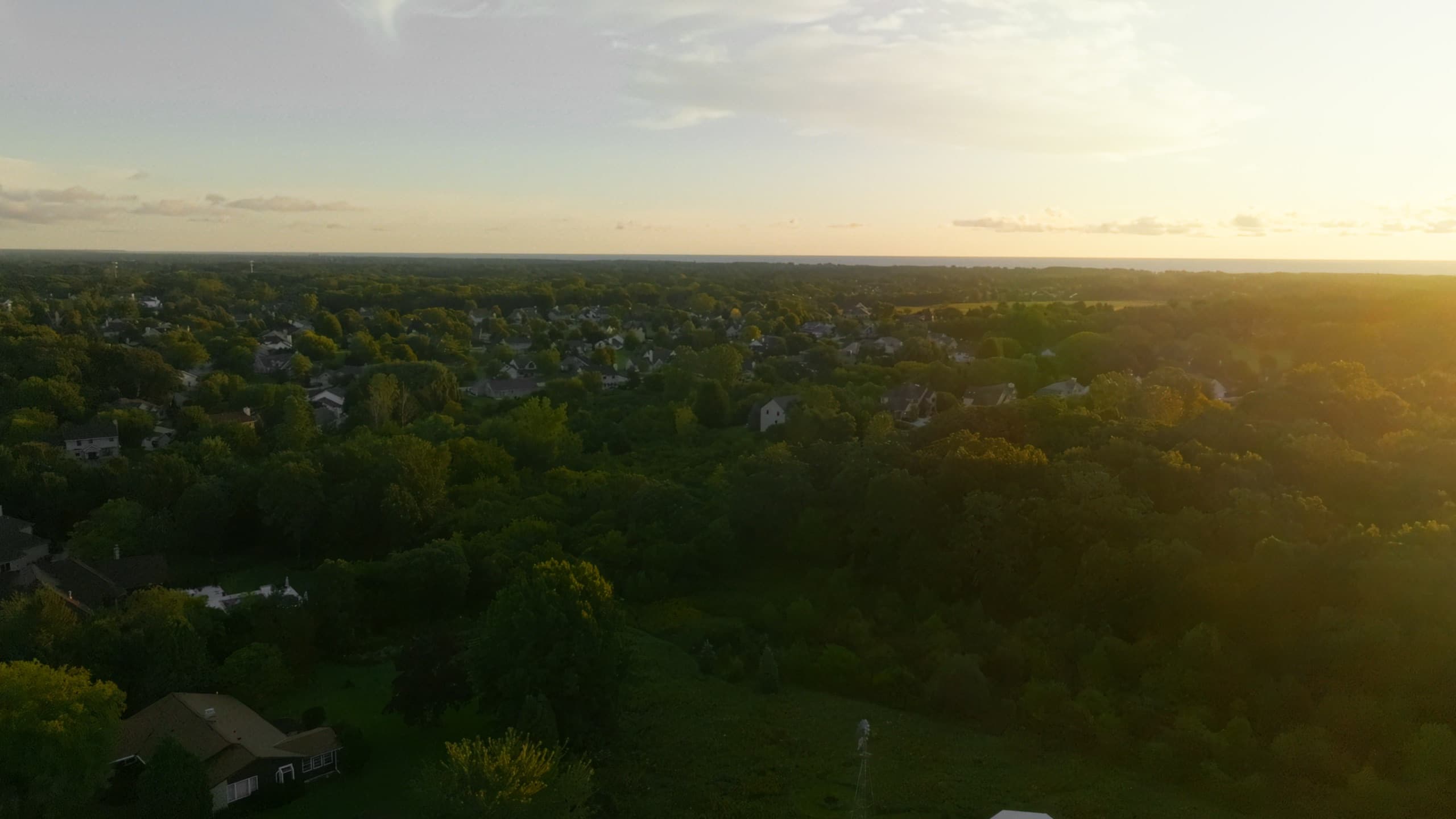 Aerial sunset view over Pleasant Prairie, Wisconsin